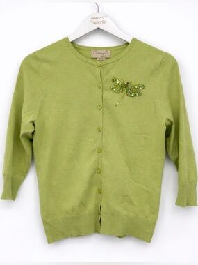 Notations Green Silk Blend Cardigan Top Beaded Dragonfly Y2k Style Viscose Small